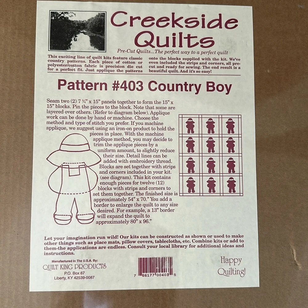 Creekside Quilts Pattern #403 Country Boy Precision die cut pieces just sew